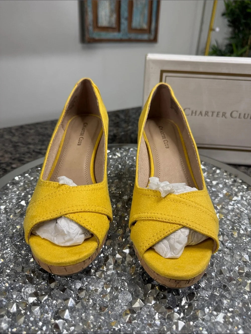Charter Club Toniiem Yellow Cork Wedge Peep-Toe Heels NEW 8